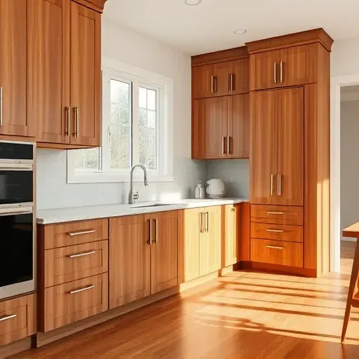 Finished custom kitchen cabinets in Jacksonville NC with sleek wood design, polished surfaces, stone countertops, and warm hardwood floors
