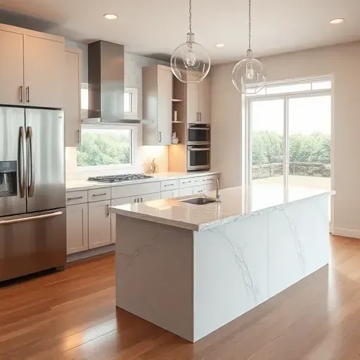 Modern Jacksonville kitchen with a polished granite island, stainless steel appliances, pendant lights, and natural sunlight.