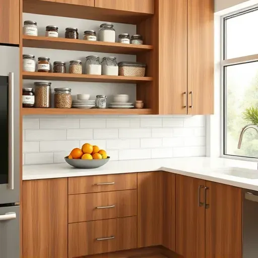 Freshly installed modern kitchen pantry with wood cabinets, labeled glass jars, stainless steel appliances, and natural lighting
