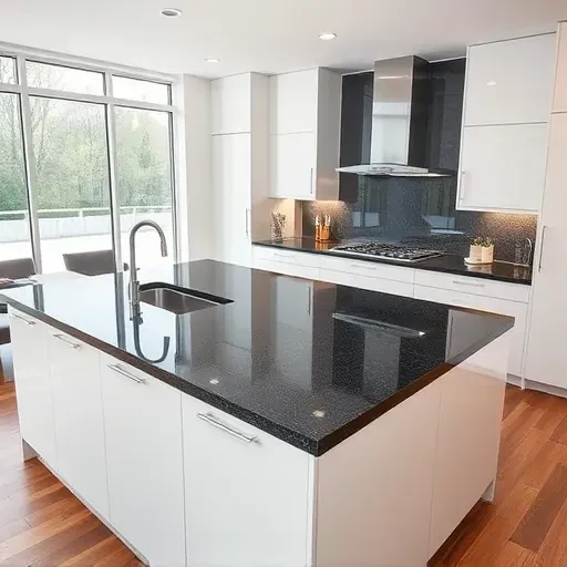 Modern Jacksonville kitchen with a polished granite countertop, stainless steel fixtures, white cabinets, and natural lighting