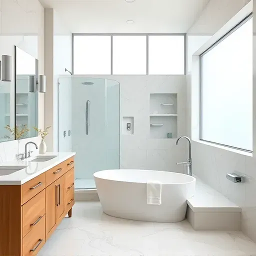 Completed modern bathroom in Jacksonville NC with marble countertops, glass shower, soaking tub, natural wood cabinets, and elegant design