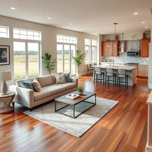 Contemporary living room with hardwood flooring, large windows, and luxury furnishings in Sneads Ferry, NC.