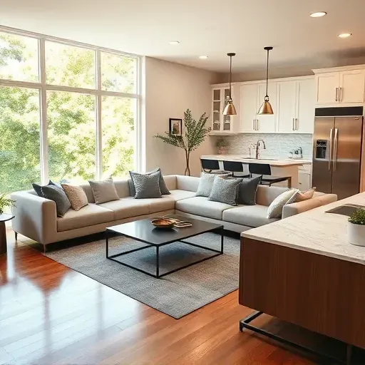 Completed home remodeling project in Swansboro NC featuring a modern living room and kitchen with sleek furniture and natural light.