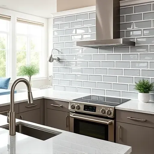 Recently installed gray subway tile backsplash in a modern Jacksonville NC kitchen with stainless appliances and natural light