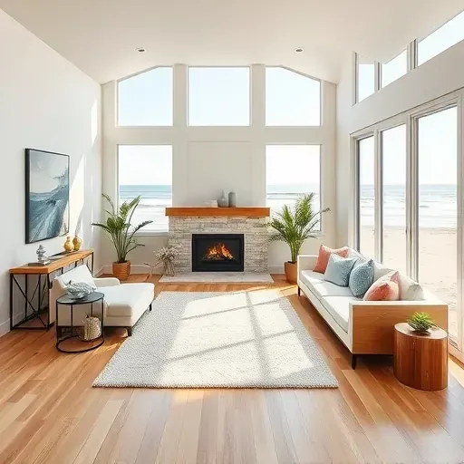 Coastal-style living room in Corolla NC with large windows, warm wood accents, and beach views enhances tranquility.