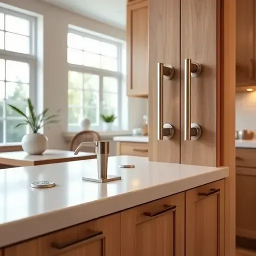 Modern kitchen with sleek stainless steel cabinet handles and knobs, natural light, organized countertop, polished finish