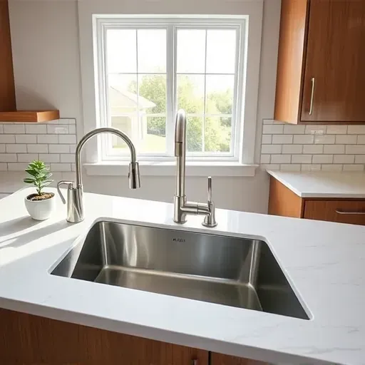 High-end modern Jacksonville NC kitchen with stainless steel farmhouse sink, quartz countertop and brushed nickel faucet