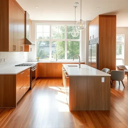 Modern kitchen remodel in Jacksonville NC featuring wood cabinets, marble countertops, and stainless steel appliances.