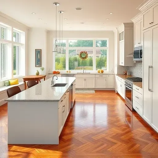 Modern kitchen remodel in Grandy NC features white cabinetry, granite island, stainless steel appliances, and warm lighting.