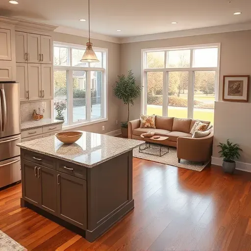 Renovated kitchen and living space in Leland, NC with modern cabinetry, granite countertops, and elegant decor.