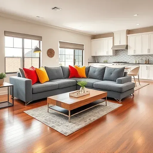 Modern living room in Bridgeton NC, featuring gray sofa, natural light, hardwood floors, and elegant decor.