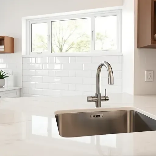 Close-up of a white subway tile backsplash behind a modern kitchen counter in Jacksonville NC with marble countertop and natural light