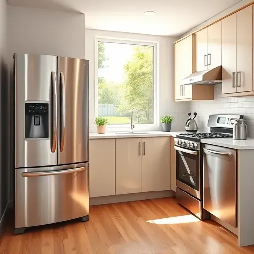 Pristine modern kitchen in Jacksonville NC showcasing flawless stainless steel appliances, quartz countertops, and lush outdoor view