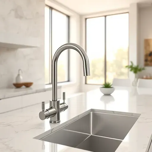 Newly installed stainless steel kitchen faucet in a modern upscale kitchen with marble countertops and natural light