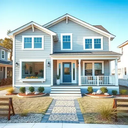 Coastal home remodel in Sunset Beach NC with gray siding, white trim, large windows, and beautiful landscaping.