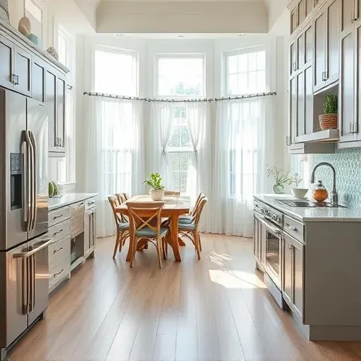 Elegantly remodeled kitchen in Surf City NC with stainless steel appliances, quartz countertops, and coastal decor.