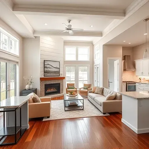 Modern living room in Trent Woods NC featuring high ceilings, fireplace, and open kitchen with granite counters.