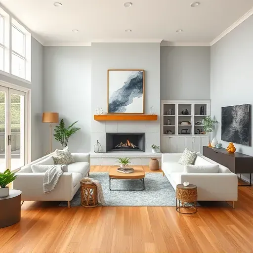Contemporary Newport NC living room featuring natural light, modern furnishings, gray walls, and stylish decor.