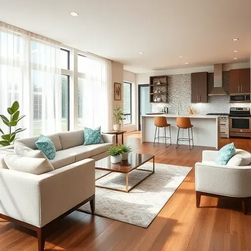 Home remodeling project in New Bern NC featuring a modern living room with natural light, elegant decor, and open layout.