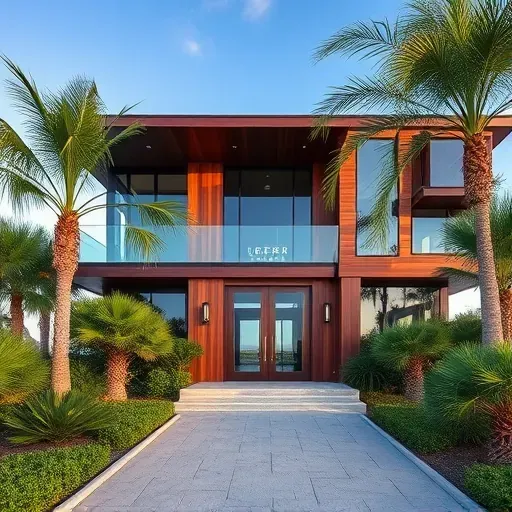 Modern home remodeling in Pine Knoll Shores NC with wooden textures, glass elements, and lush landscaping.