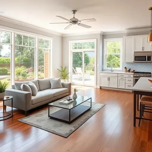 Spacious Calabash NC home remodel features modern decor, polished hardwood floors, and a serene garden view.