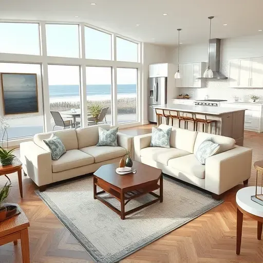 Modern coastal living room in Indian Beach NC with panoramic windows, stylish furniture, and elegant decor.