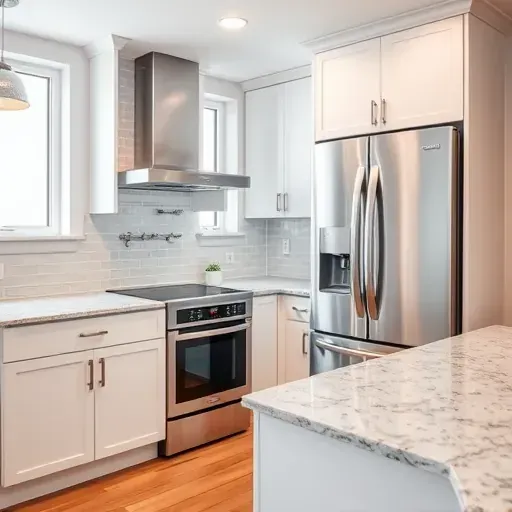 Newly installed modern kitchen with stainless steel appliances, granite counters, bright natural light, and elegant design