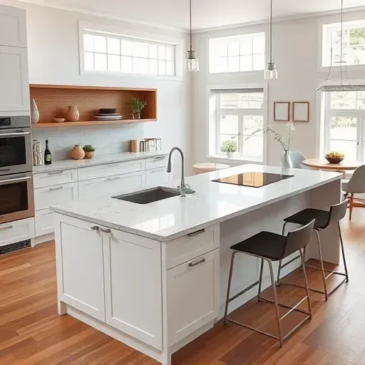 Beautiful modern kitchen in Jacksonville NC with a crafted island, granite countertops, white cabinetry, and natural light