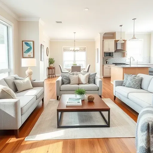 Completed home remodeling project in Morehead City NC featuring a renovated living room with coastal decor and natural light.