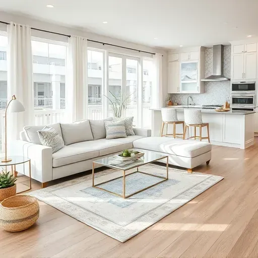 Finished home remodel in Topsail Beach NC features inviting living room with neutral colors and elegant furnishings.