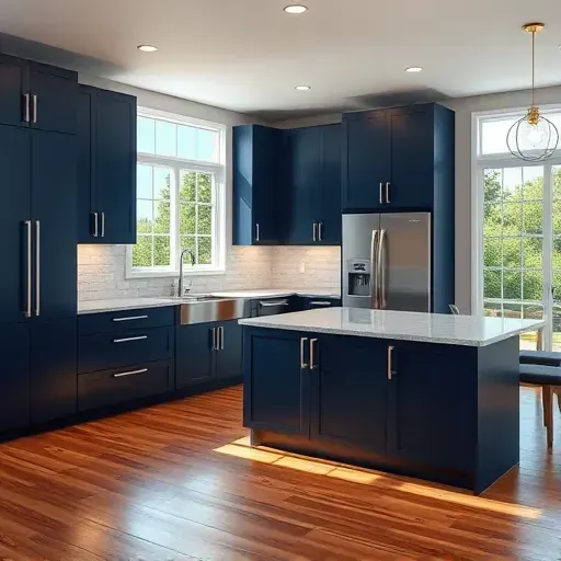Modern kitchen remodel in Jacksonville NC with navy blue cabinetry, quartz island, and stainless steel appliances.