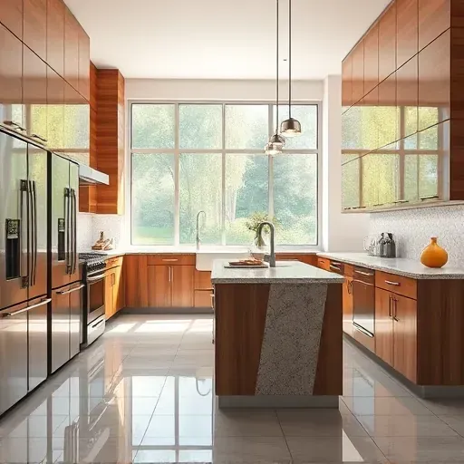 Renovated kitchen in Jacksonville NC with granite countertops, wooden cabinets, stainless steel appliances, and garden view.