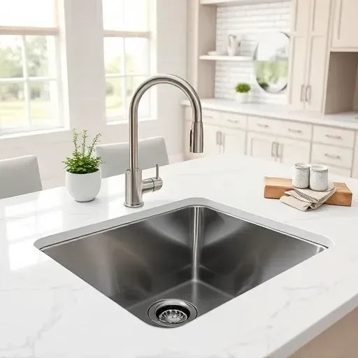 Sharp stainless steel undermount kitchen sink installed in a modern quartz countertop with brushed nickel faucet in a stylish Jacksonville kitchen
