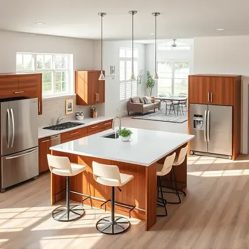 Modern kitchen remodel in Hubert NC with walnut cabinetry, white quartz countertops, open living area, and natural light.