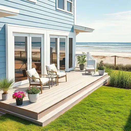 Contemporary coastal home in North Topsail Beach NC with light blue facade, spacious deck, and vibrant garden.