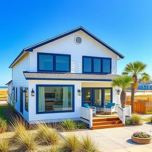 Renovated coastal home in Holden Beach NC with white siding, navy trim, and manicured yard showcasing beach life.