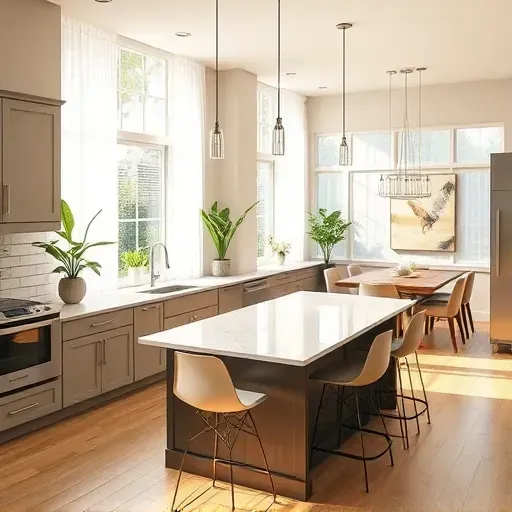 Modern kitchen remodel in Wilmington NC with sleek cabinetry, marble island, natural light, and stylish decor.