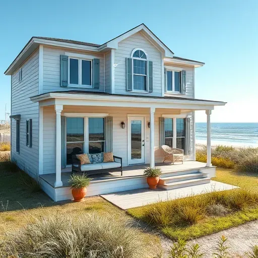 Modern coastal home remodel in Emerald Isle NC featuring light wooden siding, porch, lush lawn, and ocean backdrop.