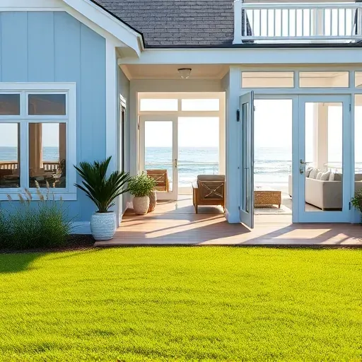 Modern coastal home in Emerald Isle NC with blue facade, white trim, large windows, and lush landscaping.