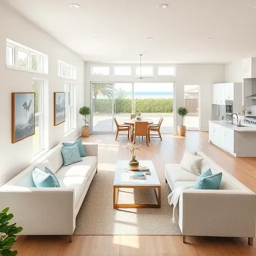 Beautifully renovated coastal living room in Carolina Beach with large windows, airy decor, and sleek kitchen.