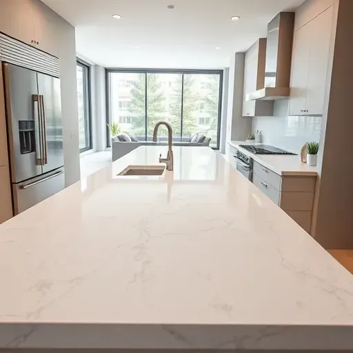 Polished white and gray veined quartz countertop in a modern upscale kitchen with stainless steel appliances and natural lighting