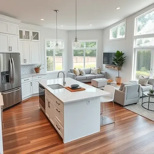 Modern kitchen with white cabinetry, marble island, and open living area in Belville NC home remodel, bright and inviting.