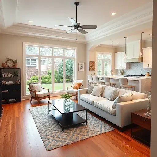 Home remodeling in New Bern NC shows a stylish living room with modern and traditional elements, bright window, and detailed décor.
