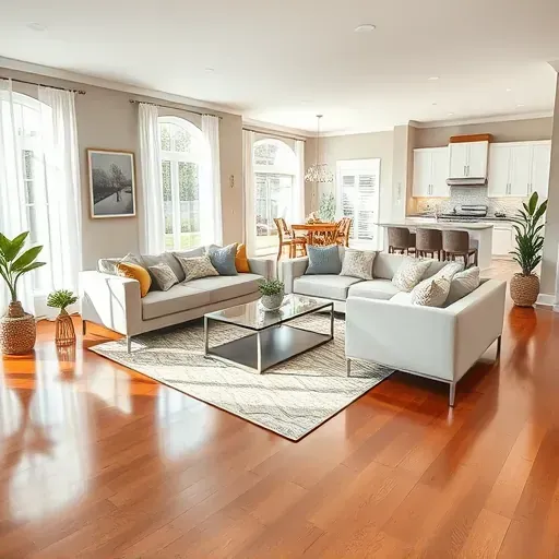 Modern living room in Emerald Isle NC with open floor plan, hardwood floors, and contemporary furnishings.