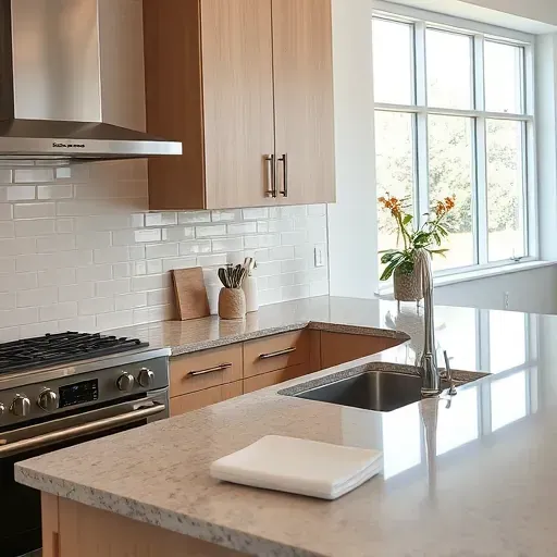 Recently completed modern kitchen backsplash with glossy subway tiles, seamless grout, granite counters, and bright airy setting