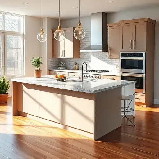 Modern Jacksonville kitchen with polished granite countertops, custom matte cabinetry, stainless steel appliances, and natural lighting