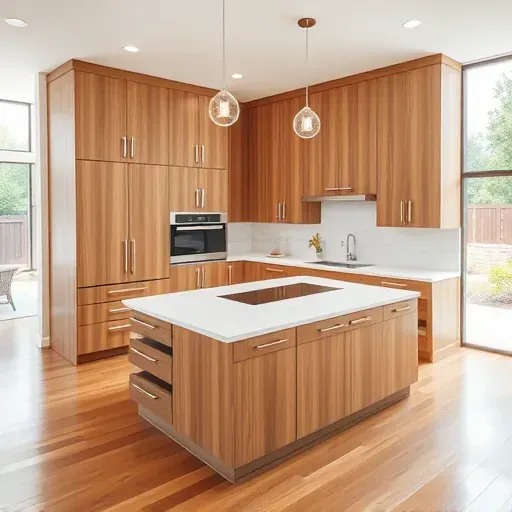 Modern kitchen remodel in Jacksonville NC featuring sleek cabinetry, quartz countertops, spacious layout, and natural light.