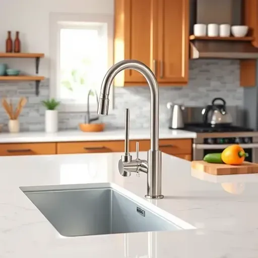 Recently installed stainless steel kitchen faucet on white quartz countertop in a modern Jacksonville kitchen