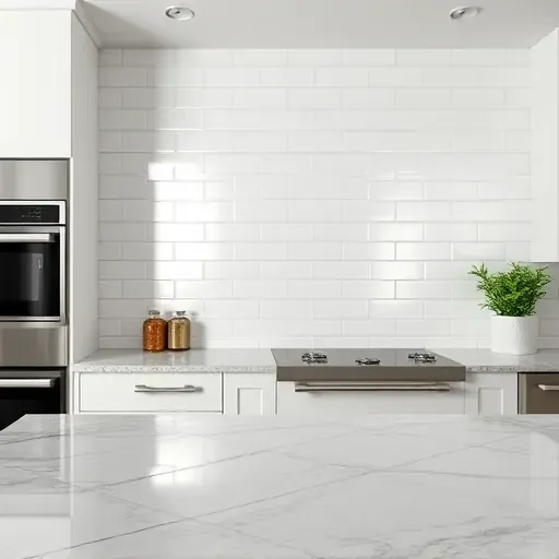 Glossy white subway tile backsplash in a modern Jacksonville NC kitchen with sleek appliances and natural lighting