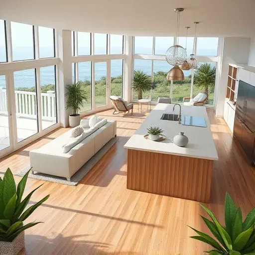 Modern coastal living room in Atlantic Beach NC with beach view, neutral decor, and polished hardwood floors.